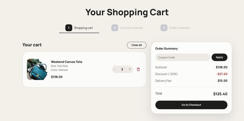 K&ouml;nnte beinhalten: Screenshot einer Warenkorbseite mit dem Text "Your Shopping Cart". Der Warenkorb enth&auml;lt eine "Weekend Canvas Tote" Tasche, die Menge 3, und eine Bestell&uuml;bersicht mit Zwischensumme, Rabatt, Liefergeb&uuml;hr und Gesamtbetrag.