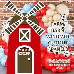 May include: Red and white barn windmill cutout panel with a brown door and the text "APPROX 40" X 71"". The panel is surrounded by a balloon arch with red, white, blue, and black and white cow print balloons.