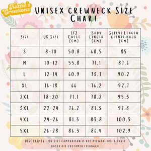 May include: A unisex crewneck size chart with measurements in centimeters. The chart shows sizes from S to 5XL, with corresponding UK sizes, chest measurements, body length, and sleeve length.
