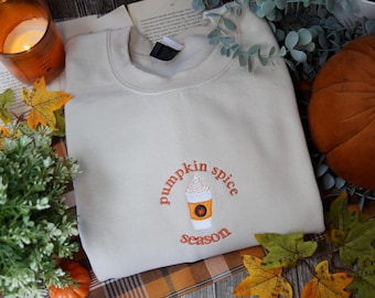Pumpkin Spice Season Embroidered Sweatshirt: Autumn Coffee Cup Jumper