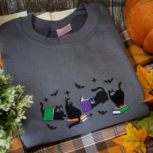 Embroidered Halloween Cats Sweatshirt: Bookish Witchy Jumper