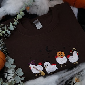 Halloween Chickens Crewneck Jumper - Embroidered Cosy Autumn/Halloween Inspired Sweatshirt - Chicken Themed Spooky Season Sweater