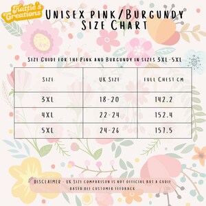 May include: Size chart for unisex pink and burgundy clothing in sizes 3XL, 4XL, and 5XL. The chart shows UK sizes and full chest measurements in centimeters.