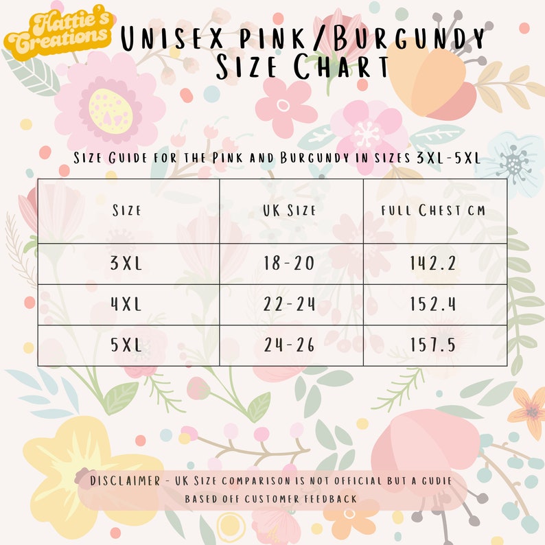 May include: Size chart for unisex pink and burgundy clothing in sizes 3XL, 4XL, and 5XL. The chart shows UK sizes and full chest measurements in centimeters.
