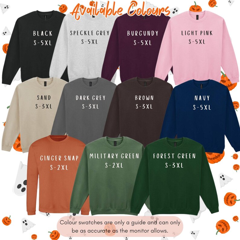 May include: A collection of eleven crewneck sweatshirts in various colors including black, speckle grey, burgundy, light pink, sand, dark grey, brown, navy, ginger snap, military green, and forest green, each labeled with its color and size range.