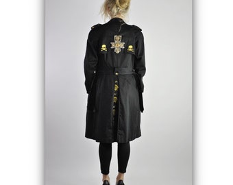 Redesigned Pre-Loved Vintage Black Trench Coat adorned with Rhinestone and embroidered appliqués with belt, Cotton Trench Quality