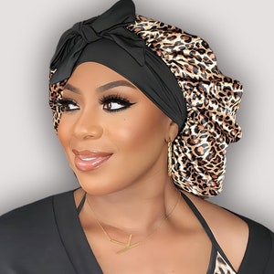 Leopard Print Satin Lined Adjustable Stretch Tie Satin Hair Bonnet for All Hair Types and Textures - Reversible Hair Protection Sleep Cap