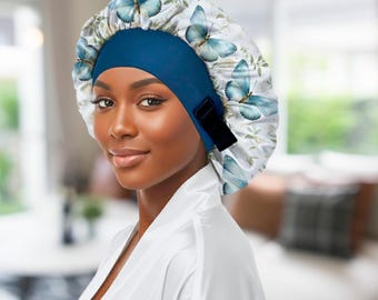 No Tie Satin Sleep Cap in Floral Butterfly Print, Wide-Band, Elastic Pull, Satin Lined Hair Bonnet for All Hair Types