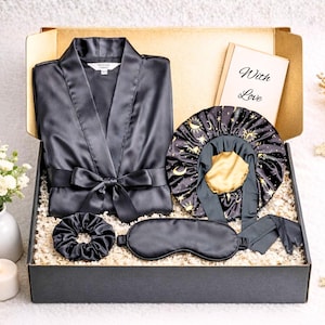 Satin Kimono Robe with Pockets Gift Set, Bonnet, Eye Mask, Scrunchie, Long Robe with Pockets, Dressing Gown, Batwing Sleeves, Self Care Gift
