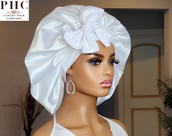 White Satin bonnet with Adjustable Ties | Perfect Bridal Shower Gift | Easy to Customize