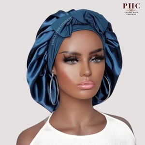 Satin-Lined Stretch Tie Satin Bonnet - Midnight Blue