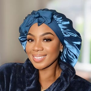 Handmade Satin-Lined Stretch Tie Satin Bonnet in the Color Peacock Blue - Satin Hair Protection for All Hair Types and Textures