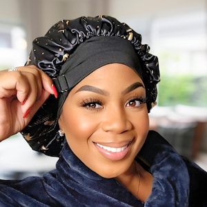 Adjustable Satin Hair Bonnet with Wide Band – Starry Night Print & Black | Sleep Cap for All Hair Types