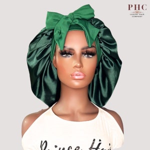 Satin-Lined Stretch Tie Satin Bonnet - Hunter Green