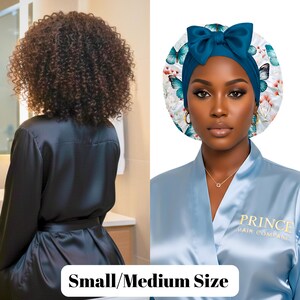 A comparison image showing the small/medium-size PHC Stretch Tie Satin Bonnet. On the left, a woman with shoulder-length curly hair wears a black satin robe, highlighting the hair volume this size can accommodate. On the right, a woman in a light blu