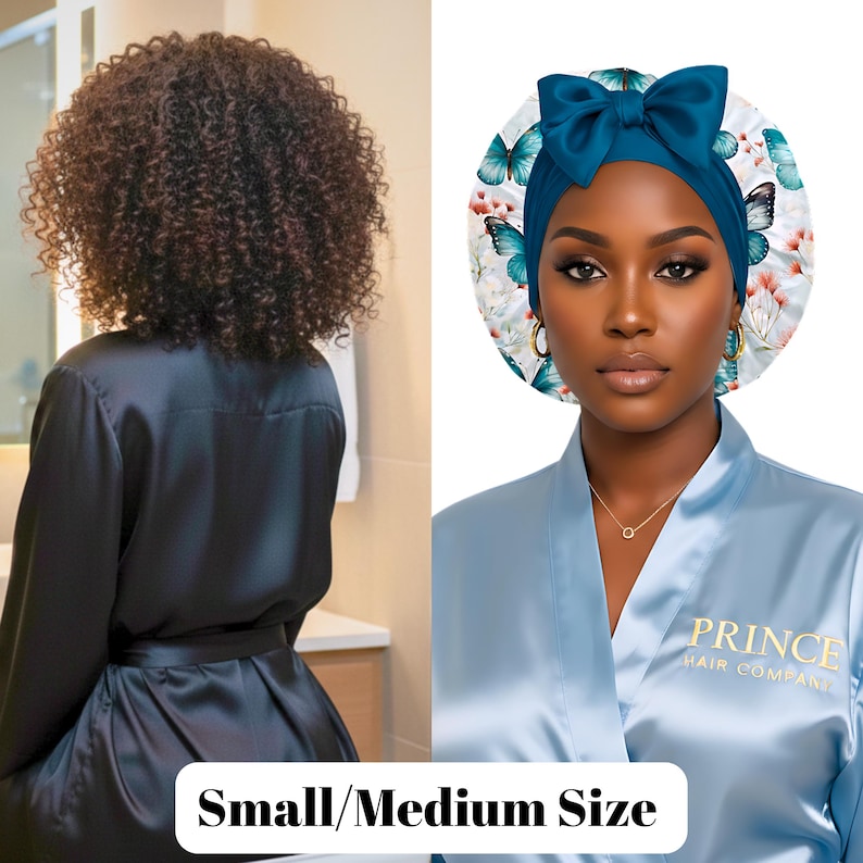 A comparison image showing the small/medium-size PHC Stretch Tie Satin Bonnet. On the left, a woman with shoulder-length curly hair wears a black satin robe, highlighting the hair volume this size can accommodate. On the right, a woman in a light blu