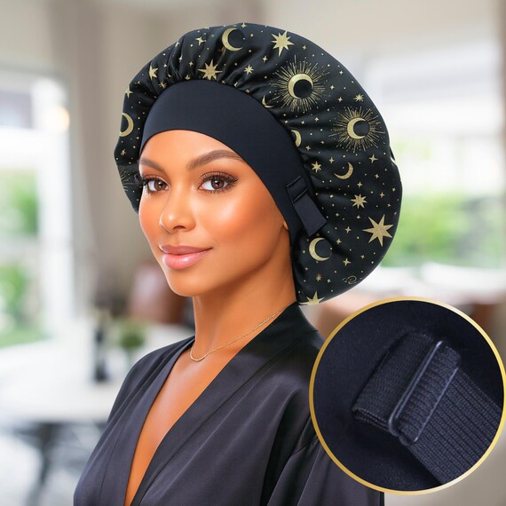 Bonnet De Nuit Satin Ajustable Pour Cheveux Bouclés - Bonnet Soie Sommeil Noir