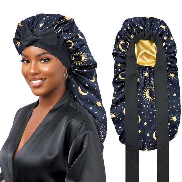 Long Satin Bonnet, Celestial Print, Reversible Gold Satin Lining, Stretch Tie For Long Hair