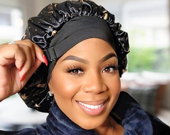 No Tie Satin Bonnet with Adjustable Closure | Non-slip Sleep Cap for Locs, Braids & Curls| Unisex Design