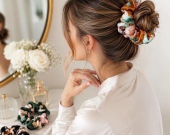 Floral Satin Scrunchie, Charmeuse Satin Hair Ties for Curly Hair, Buns, Ponytails, No Crease Ponytail Holder