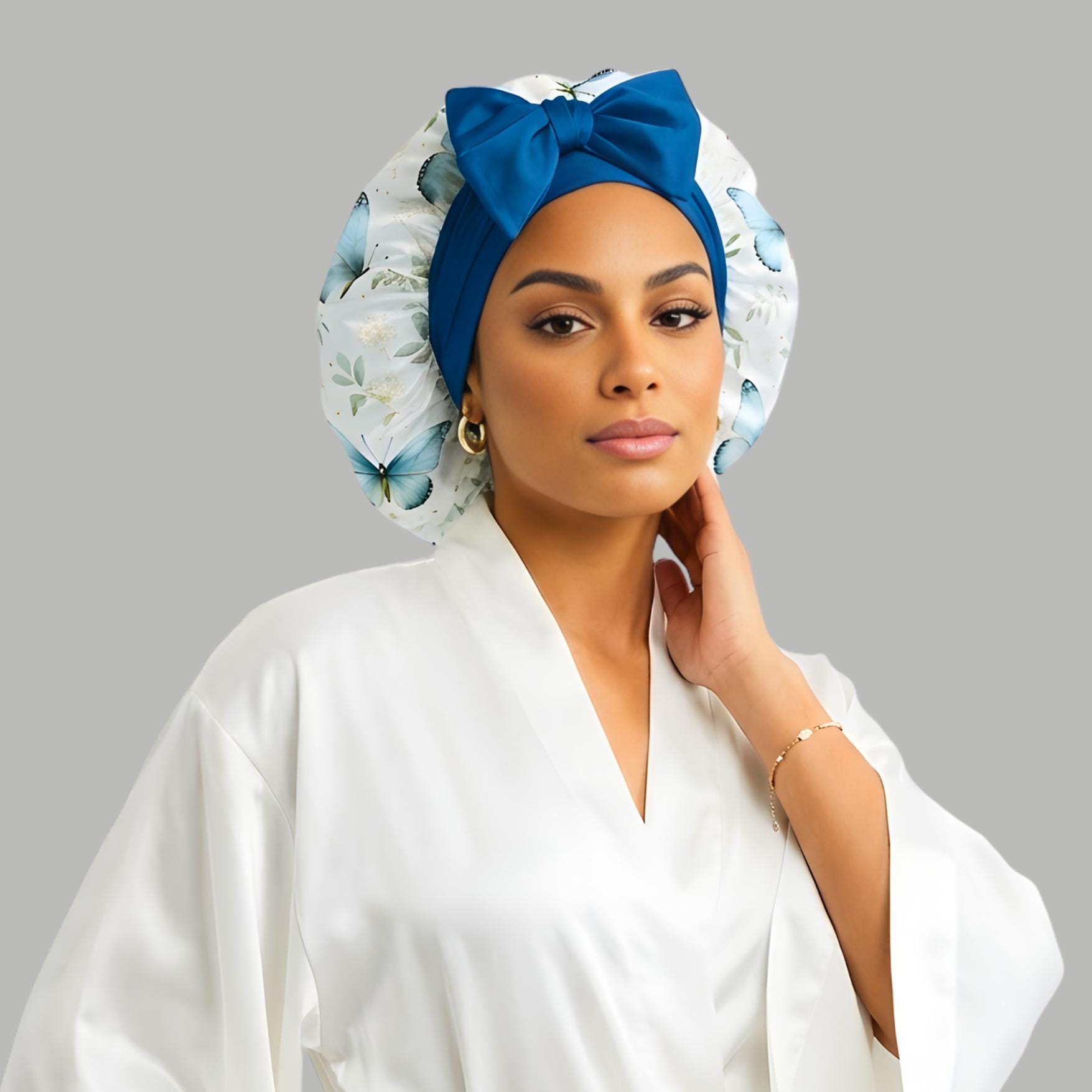 〽️Women Blue Silk Bonnet Sleeping Double Layer Satin Natural Curly Hair Cap Women main image 3