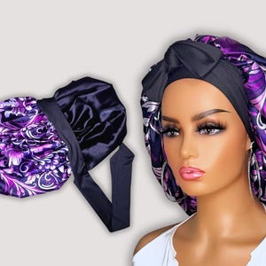 Satin Lined Stretch Tie Hair Bonnet - Purple Floral Swirl | Premium Hair Protection
