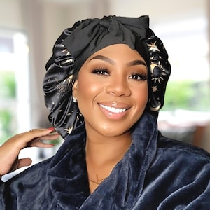 Starry Night Satin Bonnet with Adjustable Stretch Ties for All Hair Types | Comfortable Satin Sleep Cap for Natural, Curly, Coily Hair