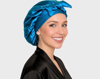 Stretch Tie Charmeuse Satin Bonnet for Sleeping, Overnight Hair Protection, Non-Slip, Reversible Sleep Cap for Natural Hair, Braids & Curls