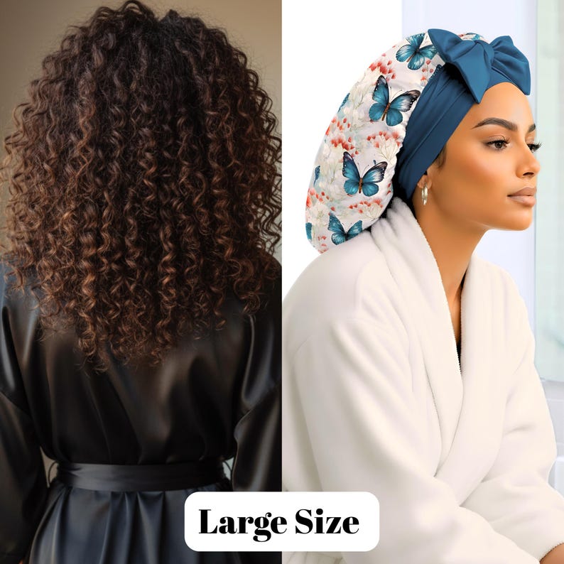 A side-by-side image showing the large-size PHC Stretch Tie Satin Bonnet. On the left, a woman with thick, curly hair wears a black satin robe, demonstrating the bonnet’s roomy fit. On the right, a woman in a white robe wears the blue butterfly-print
