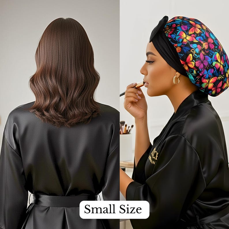 Split image showing a woman applying makeup while wearing a colorful butterfly-patterned Charmeuse silk satin hair bonnet and black robe beside the back view of a European woman with slightly wavy, shoulder-length brown hair. The combined image is la