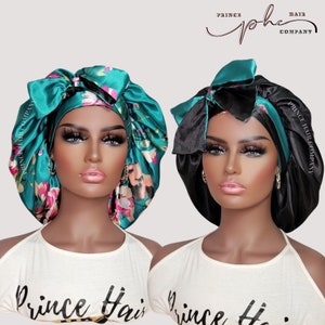 Teal Flowers & Black All Satin Reversible Bonnet