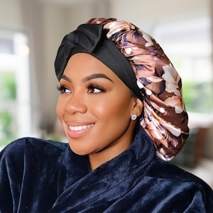 Brown Floral Satin Lined Bonnet with Adjustable Stretch Ties for All Hair Types | Comfortable Satin Sleep Cap