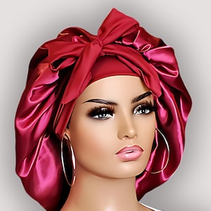 Double-Layered Satin Stretch Tie Bonnet | Wine | Reversible | Elastic Nape | Great for Braids, Locs, Curls, All Hair Types