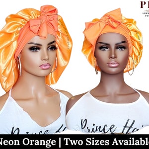 Satin Single Layer Bonnet with Stretch Ties Neon Orange | Two Sizes Available | Adjustable Ties | Edge Protection | Great for All Hair Types