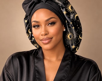 Celestial Satin Bonnet for Sleeping, Adjustable Stretch Tie Bonnet, Silk Blend Hair Bonnet, Starry Night Print