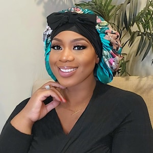 Teal Floral Satin-Lined Bonnet – Adjustable Hair Protection