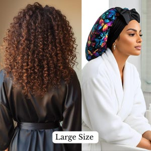 Two women shown side by side: one with full, curly mid-back brown hair, and the other wearing a colorful butterfly print Charmeuse satin silk hair bonnet while dressed in a white robe. The combined image features the phrase “Large Size” overlayed, il