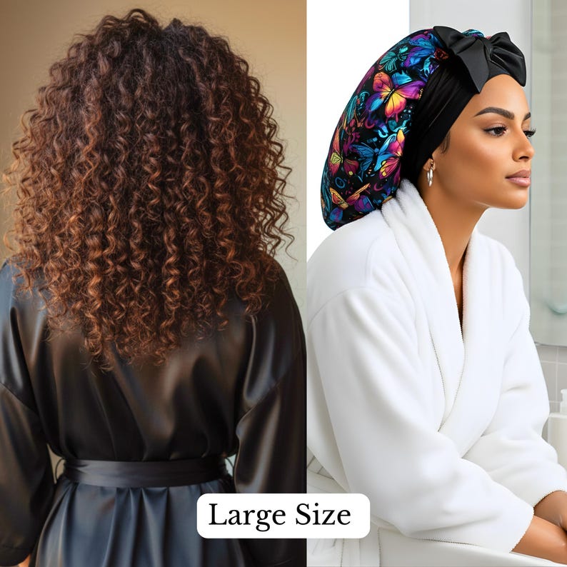 Two women shown side by side: one with full, curly mid-back brown hair, and the other wearing a colorful butterfly print Charmeuse satin silk hair bonnet while dressed in a white robe. The combined image features the phrase “Large Size” overlayed, il