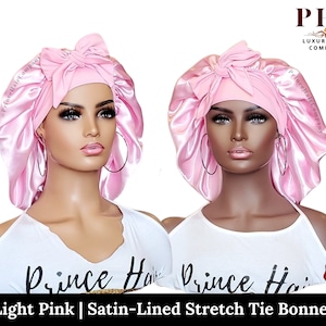 Satin Double Layered Reversible Stretch Tie Bonnet | Great for Braids, Locs, Curls All Hair Types | Elastic Nape | Pink