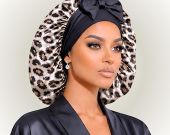 Leopard Satin Mütze zum Schlafen, Reversible Seide Infundierte Haar Mütze, Doppelschicht Schlafmütze für Natürliches Haar, Locken, Zöpfe & Loks