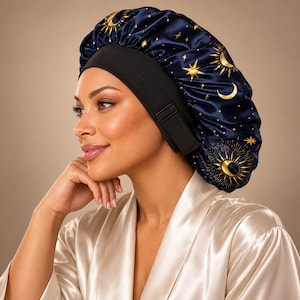 No Tie Satin Bonnet with Adjustable Closure | Non-slip Sleep Cap for Locs, Braids & Curls| Unisex Design