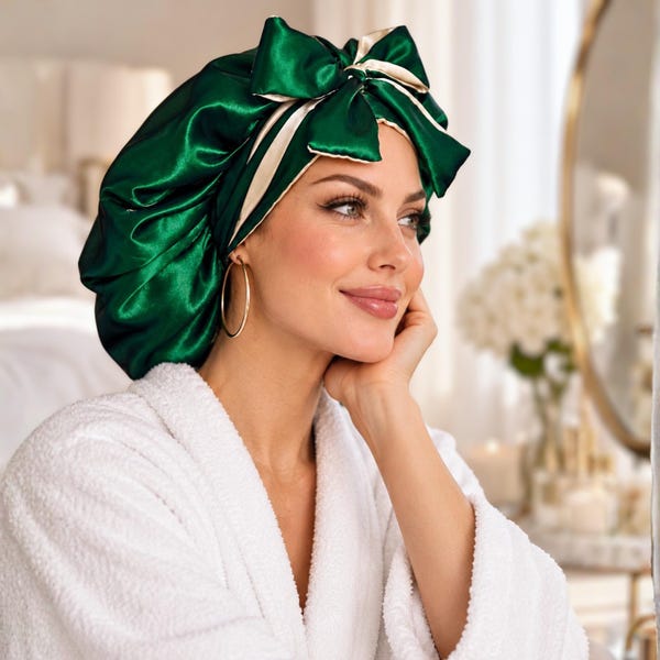 May include: A shiny emerald green satin sleep bonnet featuring a large decorative bow on the front. The interior lining of the bonnet is a contrasting cream color, visible along the edges and the bow. The fabric has a smooth, reflective finish.