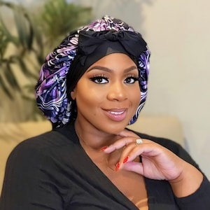 Cute Satin Bonnet with Adjustable Stretch Ties, Satin Lined for Maximum Hair Protection for ALL Hair Types in Pretty Purple Floral Pattern