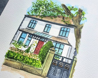custom watercolour house portrait, greetings card, personalised house warming gift, new home, handpainted house painting, first home drawing
