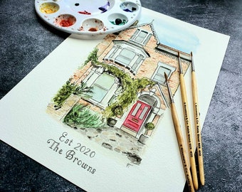 custom watercolour house portrait, greetings card, personalised house warming gift, new home, handpainted house painting, first home drawing
