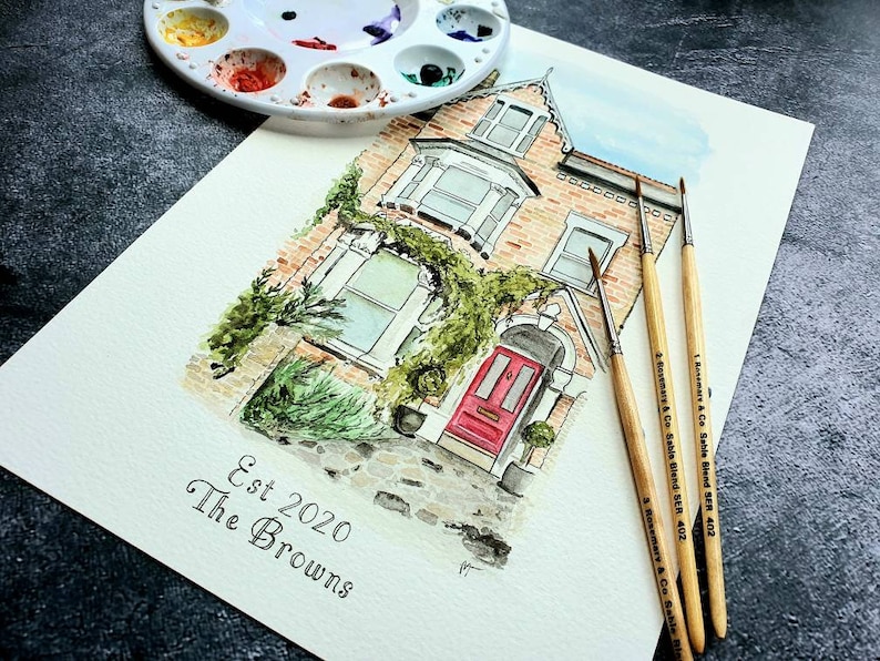 custom watercolour house portrait, greetings card, personalised house warming gift, new home, handpainted house painting, first home drawing image 1