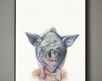 Ronnie the pig watercolour painting print, farm animal art, wall art, farmy, from original painting, decorative, rustic, unusual, muddy pig