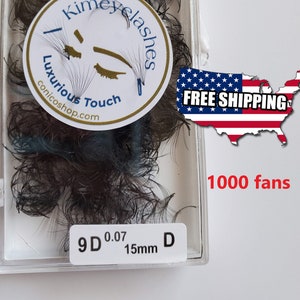 May include: A clear plastic case containing dark brown eyelash extensions. The label reads "Kimeyelashes Luxurious Touch" and "9D 0.07 15mm D". The image also includes a graphic of the USA with the text "FREE SHIPPING".