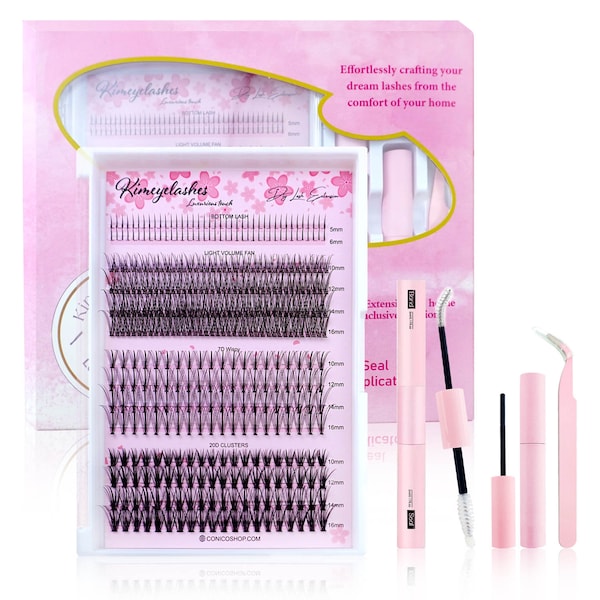 Lash Clusters Kit Lash Extension DIY Multi-type D Curl Eyelash Extension with Bottom Lashes Lash Bond and Seal Glue Wispy Natural at Home