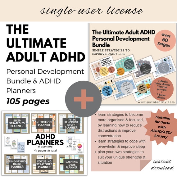 The Ultimate Adult ADHD eBook Bundle & Adhd Planners, Adult ADHD eBooks, adhd Printable Resources, ADHD Adult Planner - Single-User License